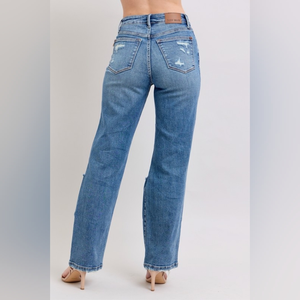 Judy Blue High-Rise Distressed Straight Leg Torn Hole Slim Fit Jeans Denim Pants - Picture 2 of 15